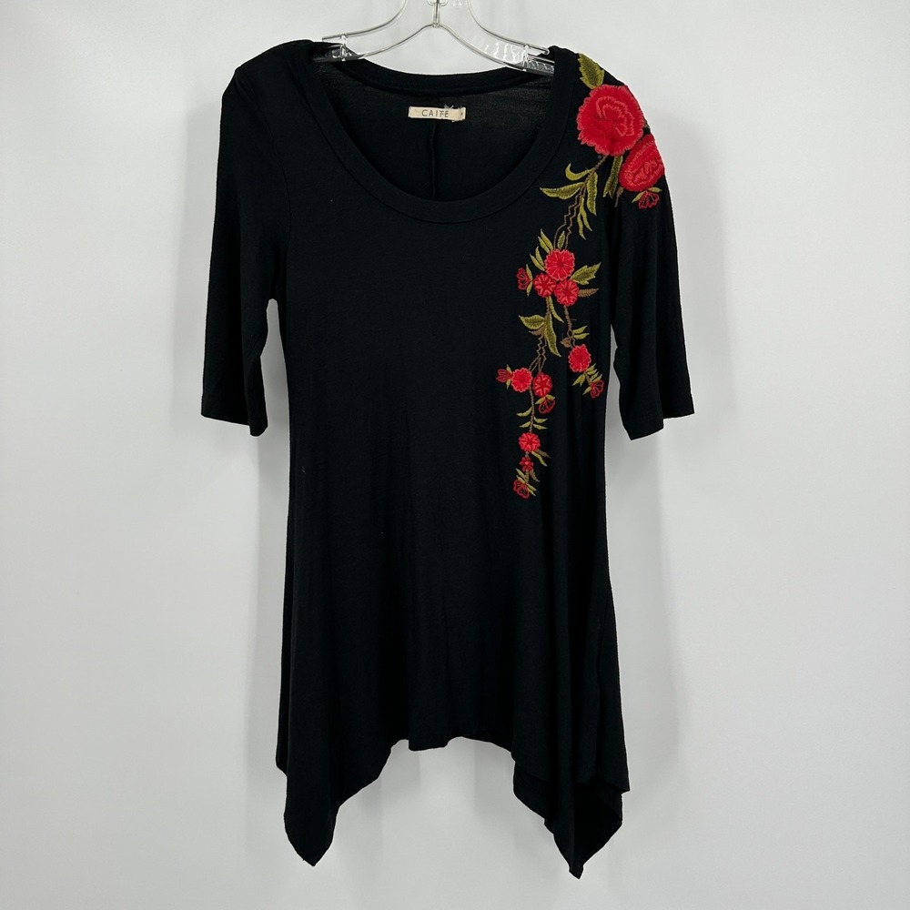 Caite Anthropologie Women Boho Embroidered Tunic Top Sz S Shark Bite Hem Peasant